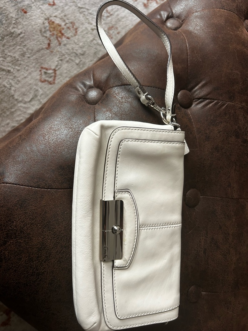 Coach White Leather Wristlet with Silver-Tone Clasp